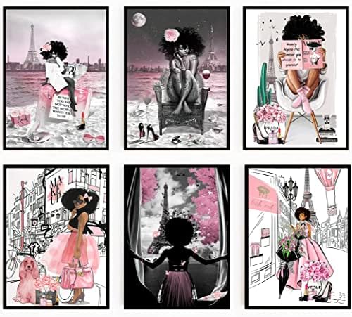 6 Pieces of African American Wall Art Black Girl Pink Fashion Wall Decor Teen Girl Woman Modern Room Poster Printing Picture Painting Living Room Bedroom Bathroom Home Decoration Gift Unframed