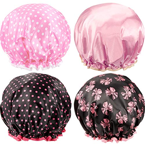 Waterproof Satin Shower Cap Large Bath Cap, 4 Pieces Reusable Double Layer Shower Hat Waterproof Elastic Bath Cap