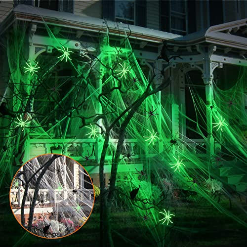 Toile d'araignée Extensible pour Halloween, 200 g,avec 20 araignées Noires, 20 araignées Lumineuses, Toiles d'araignée d'halloween pour intérieur et extérieur, décoration de fête d'halloween (0,2 kg) Cover