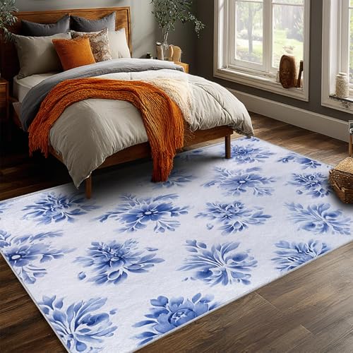 Tapis à fleurs bleues antidérapant et grand tapis lavable de salon - 4