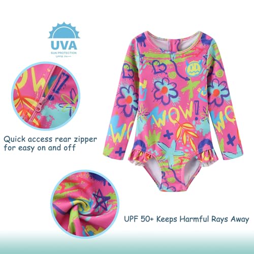 Image of Baby Girls One Piece Swimsuits Long Sleeve Rash Guard for Kids Girls UPF 50+ Sun Protection Swimshirts