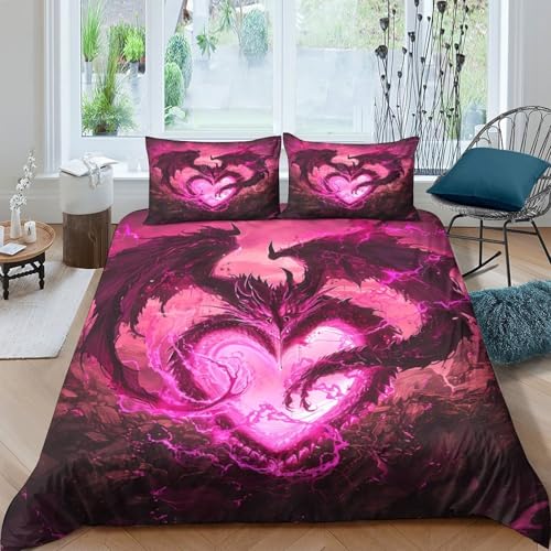 Dragon Heart Housse de Couette résistante 3 Pièces 3D Imprimée Facile d'entretien Fantaisie Dark Art Ensemble De Literie avec Taie d'oreiller Ultra Douce...