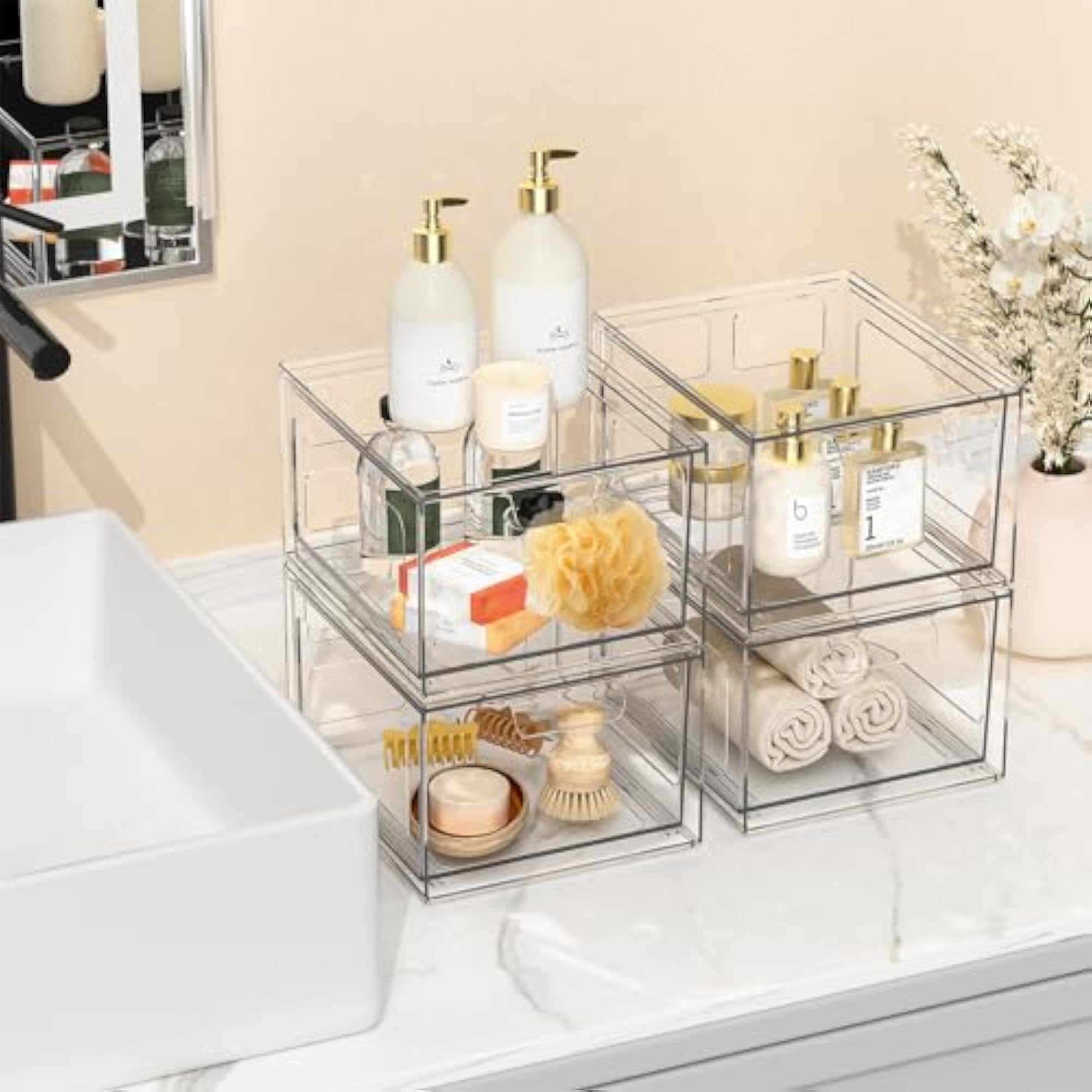 4 Pack Stackable Plastic Makeup Organizer Drawers
