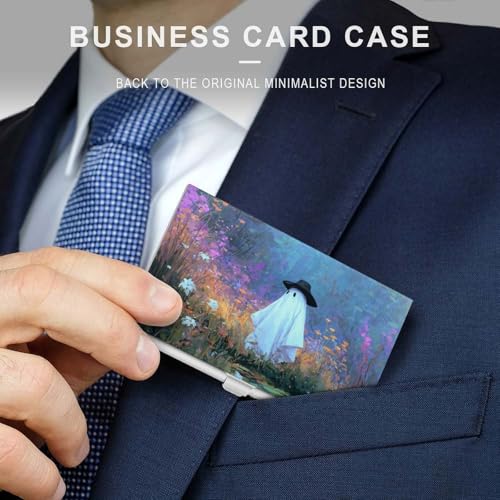 Cute Ghost Black Hat Wildflowers Business Card Holder, Pocket Slim Portable Metal Business Card Case for Women Men3