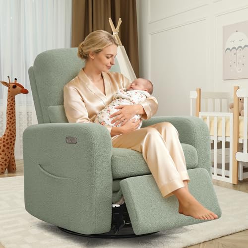 Image of Power Swivel Rocker Recliner, Oversized Electric Boucle Recliner Chair, Teddy Swivel Glider Nursery Reclienr with Removable Cushion, Upholstered Recling Chair for Living Room Bedroom, Green