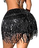 Women Tassel Skirts Shorts Sequins Hip Skirt Rave Party Halloween Cosplay Bar Belly Dance Festival Costume Nightclub Skirt (US, Alpha, X-Large, Regular, Regular, Black)