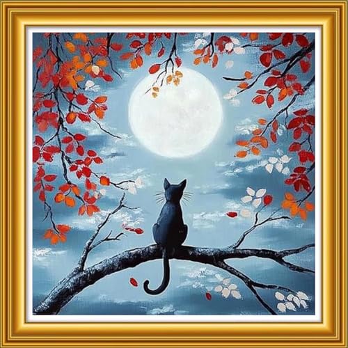 Image of Dooxvey Counted Cross Stitch Kits for Adults 11CT Printed Cross-Stitch Patterns Cross Stitching Embroidery Kit Stamped or Counted Needlepoint Kits-The cat Admiring the Moon 18x18 inch