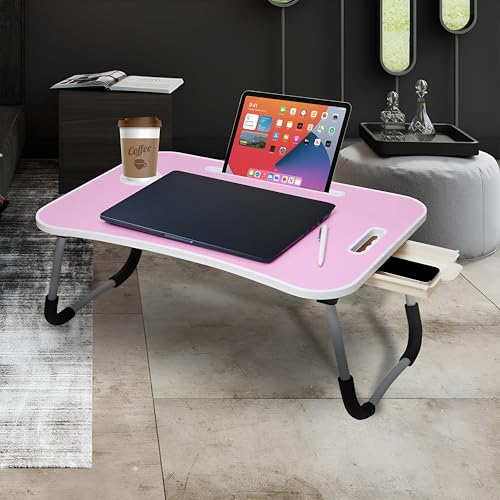 Image of Amazon Basics Engineered Wood Foldable Laptop Table with Cup Holder, Tablet Groove and Mini Drawer (60L x 40W x 26H cm, Pink)
