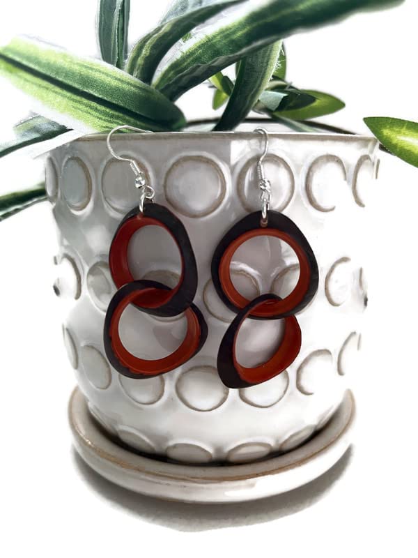 Tagua nut earrings in orange, Eye slice loop earrings, Tagua vegetable ivory dangle earrings Tag2903