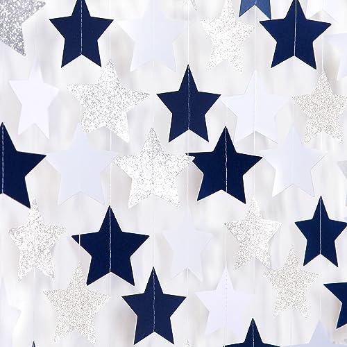 Image of Navy-Blue White-Silver Party-Decorations Birthday Garland - 62ft Twinkle Little Star Hanging Streamers Banner,Wedding Bachelorette Bridal Baby Shower Graduation Decor Hugtmr