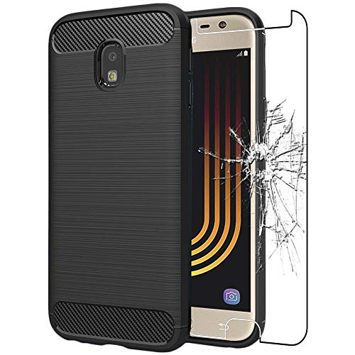 ebestStar - Funda para Samsung J3 2017 Galaxy SM-J330F, Carcasa Capa Protectora Carbono TPU, Antigolpes, Negro + Cristal Templado