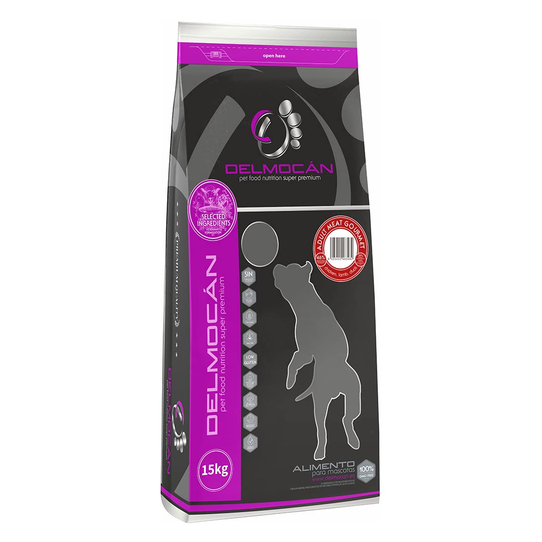 Pienso seco para Perros DELMOCAN Adult Meat Gourmet (15 Kilos) - 46% Productos Cárnicos. Alimento Natural para Perros de Todas Las Razas y Edades. Sin conservantes ni colorantes añadidos