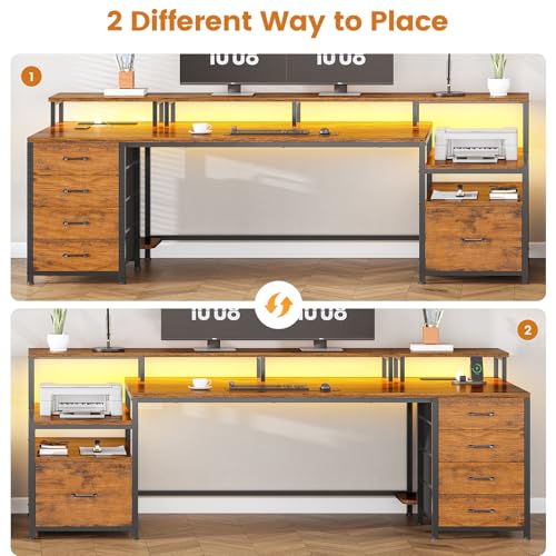Image of SEDETA Home Office Desk with File Drawer & Power Outlet, 75'' Large Computer Desk with 5 Drawer, Storage Shelves, Monitor Shelf and Led Lights, 23.6 inch W Desktop Gaming Desk, Rustic Brown