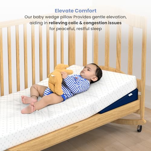 Image of Cherilo Wedge Pillows for Bed - Standard Elevated Baby Crib Wedge Pillow with Removable Velvet Cover, 12-Degree Incline for Acid Reflux, Colic & Respiratory Comfort, 14 inch x 19 inch x 3 inch, Navy Blue