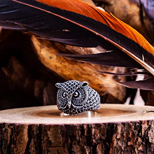 Solid 925 Sterling Silver 3D Owl Figure Men's Ring2