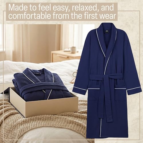 Bademantel Damen S–2XL, Teenager Baumwolle Bademantel Waffelpique, Leichter Saunamantel Mit Gürtel Und Taschen, Geschenke für Frauen (M, Marine)