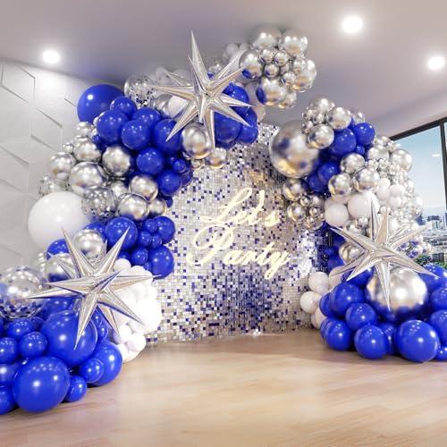 FOTIOMRG 131pcs Royal Blue and Silver Balloon Arch Garland Kit Royal Blue White Silver Confetti Balloons for Wedding Graduation New Year Retirement Birthday Party Decorations