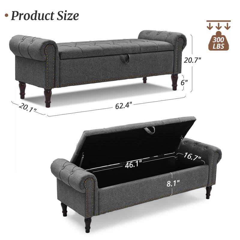 Image of 3-Seater Upholstered Ottoman Bench with Storage | Grey |62.4 x 20.1 x 20.7 Inch| Elegant Multi-Purpose with 6-Inch Wooden Legs for Living Room, Bedroom, Entryway