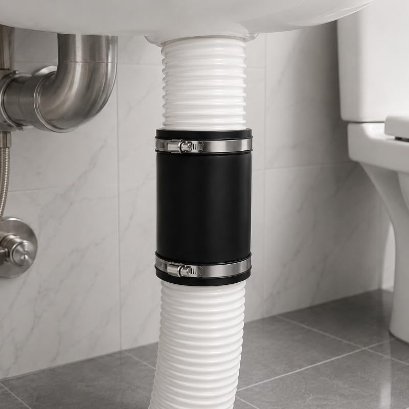 2 Piece Flexible PVC Pipe Joint, Black Rubber Pipe Adapter with Stainless Steel Pipe Clamp, Suitable for Use in Sewage Drainage and Ventilation Pipelines