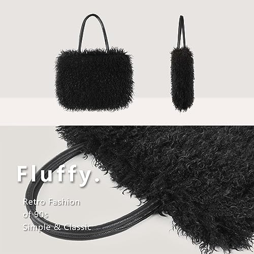 Image of Women's Fuzzy Tote Bag Curly Handbag Furry Shoulder Bag Large Plush Top Handle Purses Winter