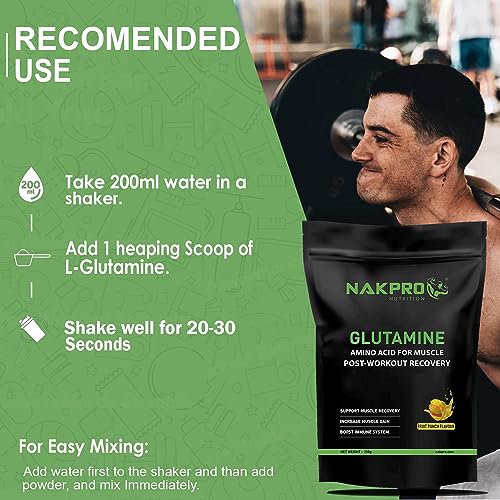 Image of Nakpro L-Glutamine Powder | 4g Glutamine Per Serving, 50 Servings | Post Workout Amino Acid Supplement for Muscle Growth and Recovery (Fruit Punch, 250g)