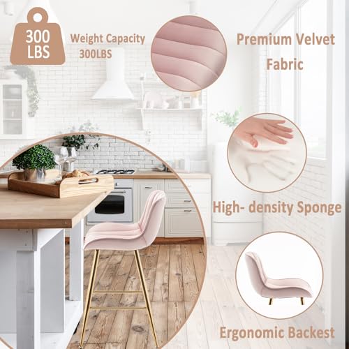 Image of Sidanli Pink Bar Stools Set of 2, Velvet Counter Stools with Footrests, 24 inch Armless Counter Height Chairs for Bar, Kitchen, Living Room
