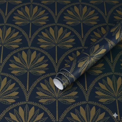 Image of Veki Luxury Floral & Botanical Geometric Wallpaper Mural - Waterproof, Moisture-Proof, Self-Adhesive PVC Wall Sticker for Home & Hotel Decoration (45cm x 300cm) (Blue Gold Leaf)