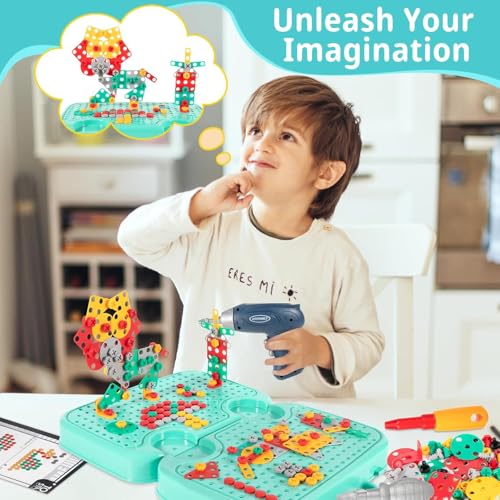Image of Electric Drill Screw Tool Set Creative Mosaic Puzzle Toy, 224 Pcs 3D Creativity Educational Kit Construction Toy Birthday Gift for Ages 3 4 5 6 Years Boys Girls (Bus Shape Blue)