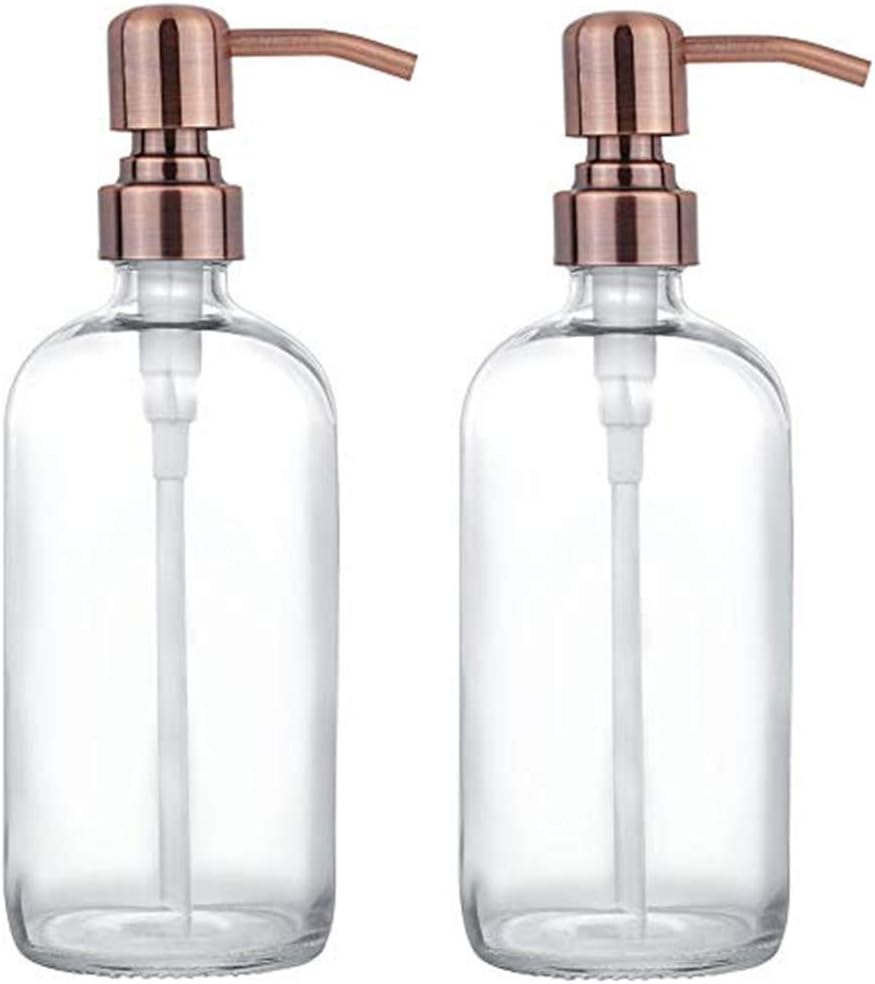 2 Pack Thick Clear Glass Pint Jar Soap Dispenser with Copper Stainless Steel Pump, 16ounce Clear Boston Round Bottles Dispenser with Rustproof Pump for Essential Oil, Lotions Soap