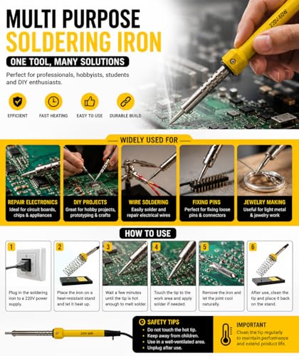 Image of Multi Purpose Soldering Iron, 220V-60W, Fast Heating, Steel Tip, Yellow, 24.77 cm, for Electronics, DIY Projects