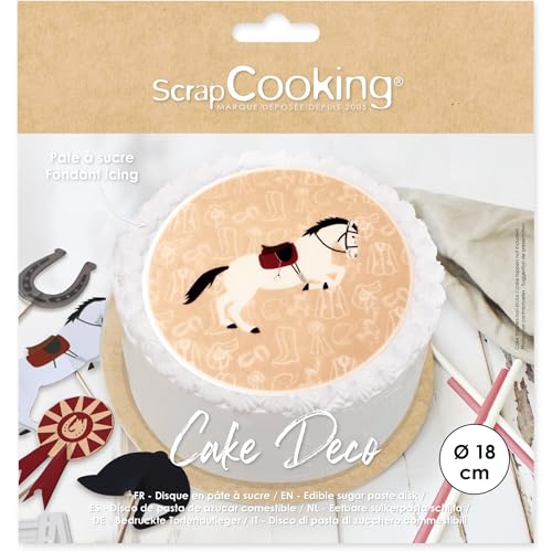 ScrapCooking - Disque de Pâte à Sucre Cheval Ø 18 cm - Décoration Gâteau Comestible - Imprimé Terrain d’Équitation - Déco Anniversaire - Beige - 7336
