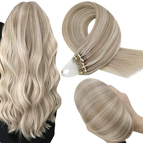 Hetto Micro Loop Hair Extensions Blonde Natural Human Hair Micro Ring Extensions Straight Dark Ash Blonde #17 Light Blonde #23 Micro Link Hair Extensions 12 Inch 50 Strands 40g
