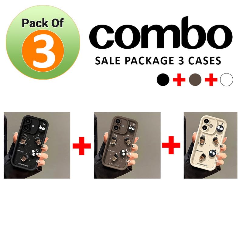 Image of Back Case Cover Compatible for iPhone 16 | Pack of 3 Combo Black & Brown Case | Cute Fun Cartoon 3D Ball Coffee Silicone Case | Body Protection | Camera Protection | Shock Proof