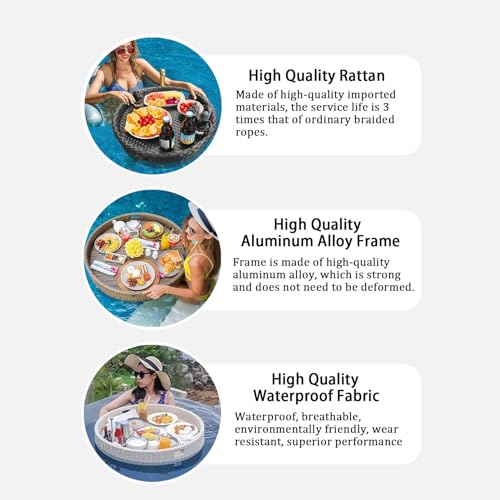 Bandeja flotante de mimbre con mango de aluminio, ideal para bebidas y aperitivos, accesorio perfecto para fiestas de verano y diversión al aire libre