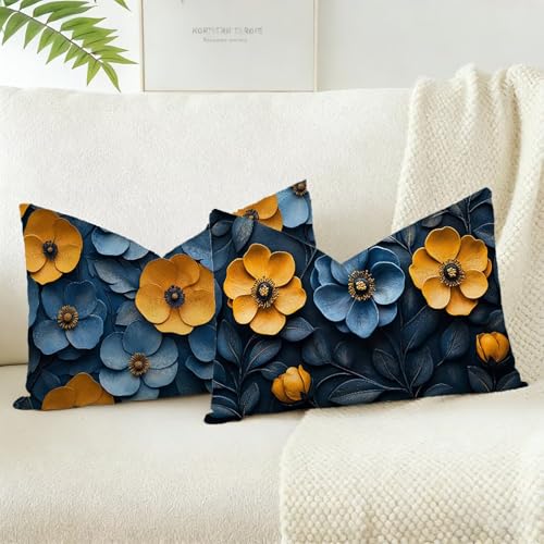 Funda Cojin 30x50 Juego 2, Azul Cojines Exterior Jardin Impermeable Lino Fundas de Almohada, Flor Cojines Cama Decorativos, para Primavera Decorativos Salón Dormitorio, Regalos para Mujeres D-751