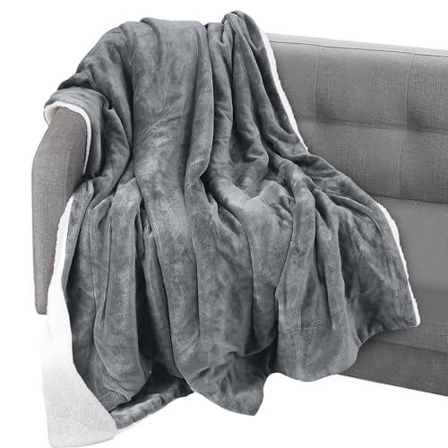 Elegant Comfort Throw Blanket, Reversible Sherpa Flannel, Ultra-Soft, Fuzzy, Cozy and Plush- All Season Lightweight Decorative Throw, 50 x 60 inches, Solid Sherpa Throw, Gray