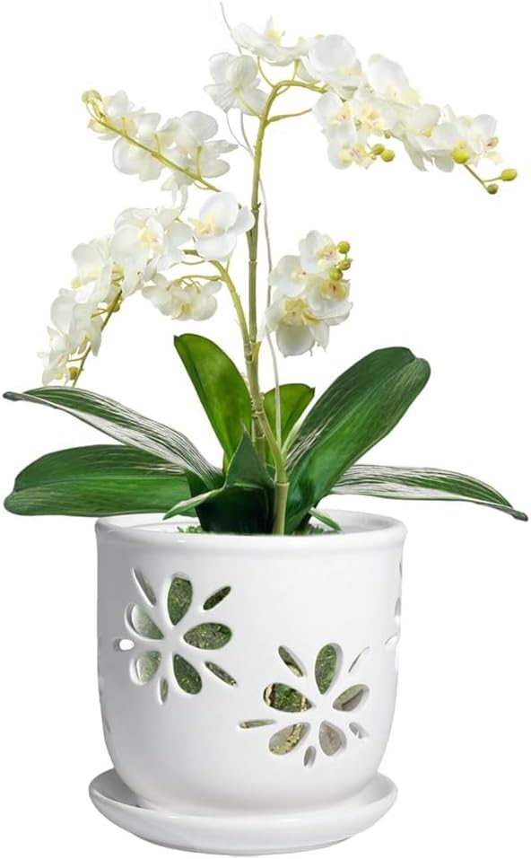 vensovo 6 Inch Orchid Pot with Holes and Saucer - White Ceramic Orchid Planter for Repotting, Flower Pot for Indoor/Outdoor Plants (1 Pack)