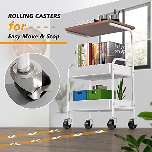 Hidodo Rolling Cart With Wooden Tabletop, 3 Tier Metal Utility Cart, Rolling Storage Organizer Cart With Lockable Wheels For Kitchen, Office, Bedroom (White) #TOP3