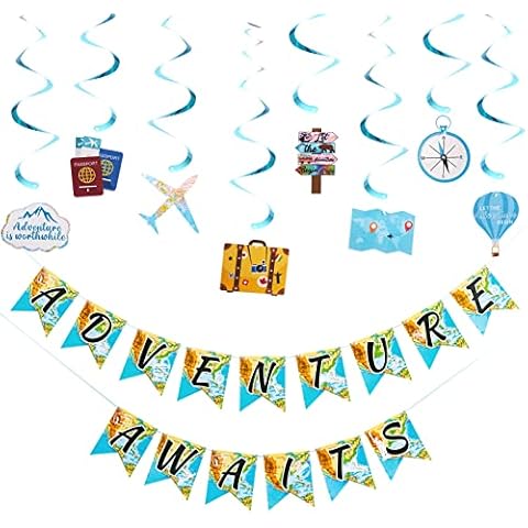 Bon Voyage Party Decorations, World Map Pennant Adventure Party Banner, Travel Themed Party Hanging Swirl Decorations for Birthday Baby Shower Graduation Retirement Travel Themed Party Supplies Cover