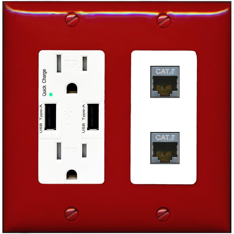 RiteAV 2 Port Cat7 Shielded Ethernet Wall Plate - USB Outlet [Screwless White]
