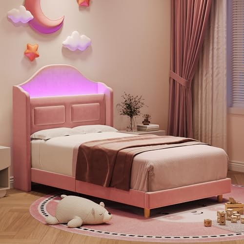 Garveehome Twin Bed Frame for Kids, Upholstered Velvet Princess Platform Bed for Boys/Girls with Wingback, Storage Bookcase Headboard & LED Light, No Box Spring Needed, Noise-Free, Easy Assembly, Pink