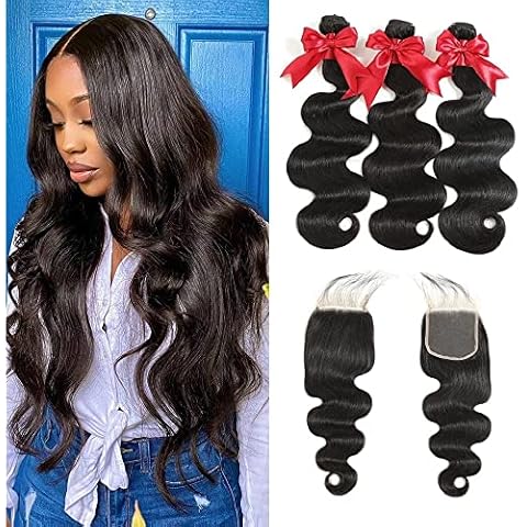 10A Brazilian Body Wave Bundles with Closure Human Hair 20 22 24 with 18 Inch Human Hair Bundles with Closure Body Wave 100% Unprocessed Remy Virgin Human Hair Weave 3 Bundles with HD Lace Closure Cover