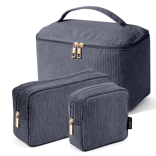 MAGEFY 3er Set Kosmetiktasche Kulturtasche Damen, Cord Make up Tasche mit Fächern Reise Make up Tasche für Frauen (Grau)