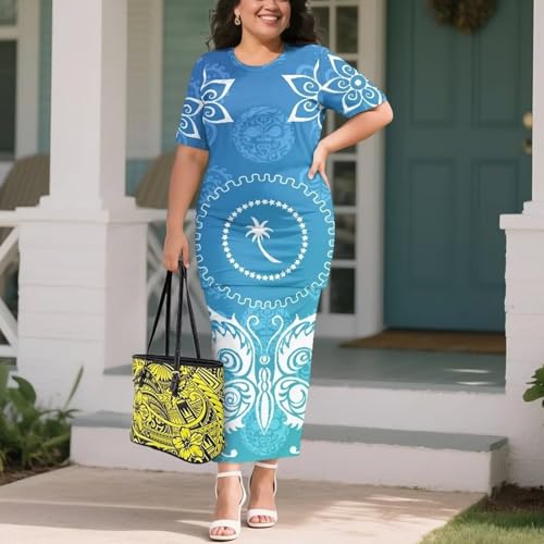 Image of Puletasi Samoan Traditional 2 Piece Outfits for Women Short Sleeve Crop Top and Maxi Skirt Sets Puletasi Dress