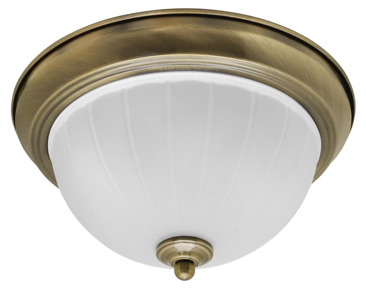 Long Life Lamp Company Flush Mounted Brass Ceiling Light Frosted Glass Dome Shade Metal Surround IP44 Bathroom, Home (Brass H3120)
