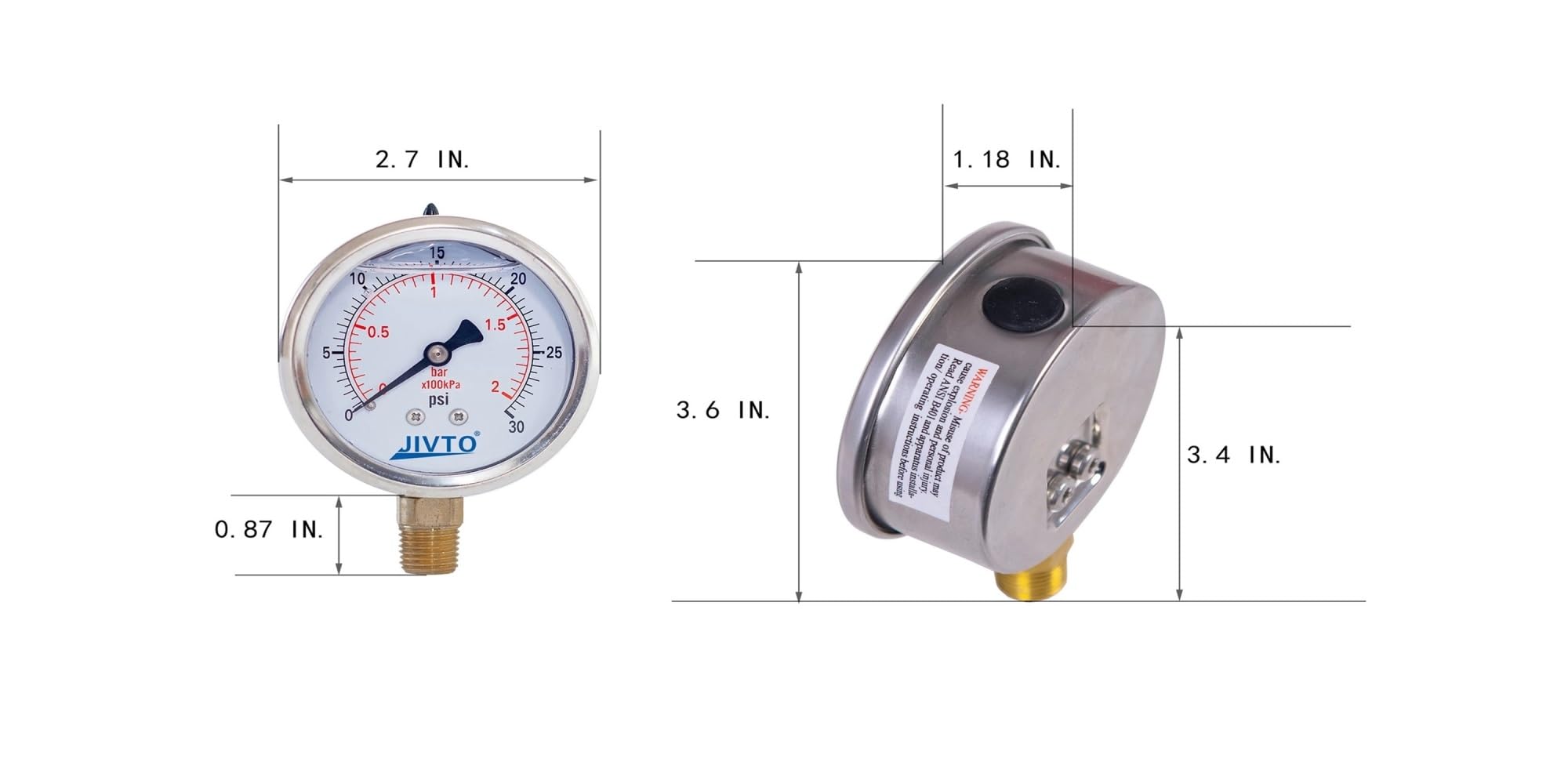 Manometro, Manometro riempito di glicerina 2,5 pollici 1/4 BSP Attacco inferiore 15,30,60, 100,160,200,300,400,600,3000 Psi e bar, antiurto