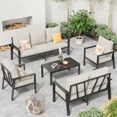 VONZOY Aluminum Outdoor Furniture Sets with Cushions 5-Piece Sectional Patio Conversation Sofa Set with Coffee Table for Garden, Lawn, Backyard,Deck