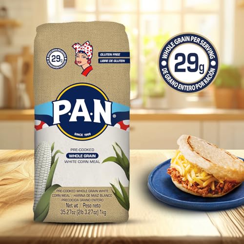 P.A.N. Whole Grain White Corn Meal – Pre-cooked Gluten Free and Kosher Flour for Arepas (2.2 lb/Pack of 4)