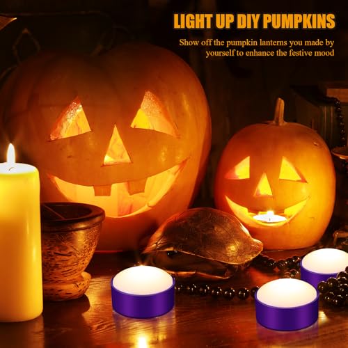 Image of Riakrum 6 Pieces Halloween Remote Timer LED Lights with Remote Summer Halloween LED Pumpkin Lights Battery Operated Lantern Bright Flameless Candle(Purple,Warm Light)