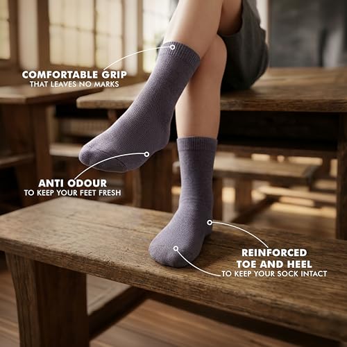 Image of Supersox Regular Length School Uniform Socks for Kids | Breathable Cotton | Anti-Odour & Moisture Absorbent | Durable Welt for All-Day Comfort | Grey Colour | Pack of 5